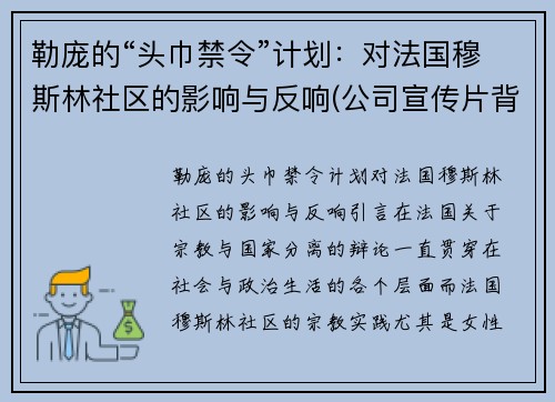 勒庞的“头巾禁令”计划：对法国穆斯林社区的影响与反响(公司宣传片背景音乐)