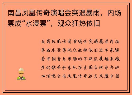 南昌凤凰传奇演唱会突遇暴雨，内场票成“水浸票”，观众狂热依旧