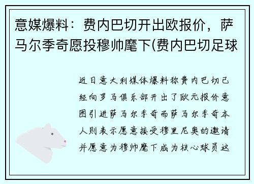 意媒爆料：费内巴切开出欧报价，萨马尔季奇愿投穆帅麾下(费内巴切足球俱乐部是哪个国家的)
