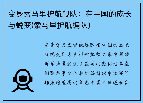变身索马里护航舰队：在中国的成长与蜕变(索马里护航编队)