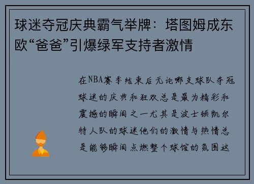 球迷夺冠庆典霸气举牌：塔图姆成东欧“爸爸”引爆绿军支持者激情