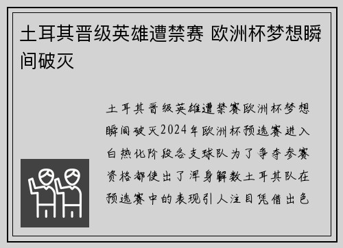 土耳其晋级英雄遭禁赛 欧洲杯梦想瞬间破灭
