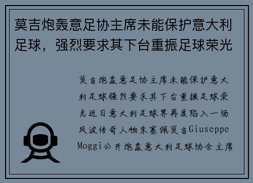 莫吉炮轰意足协主席未能保护意大利足球，强烈要求其下台重振足球荣光