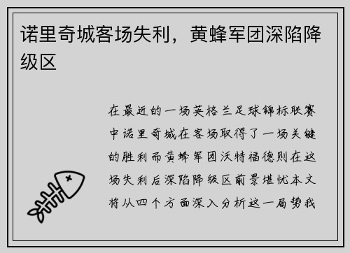 诺里奇城客场失利，黄蜂军团深陷降级区